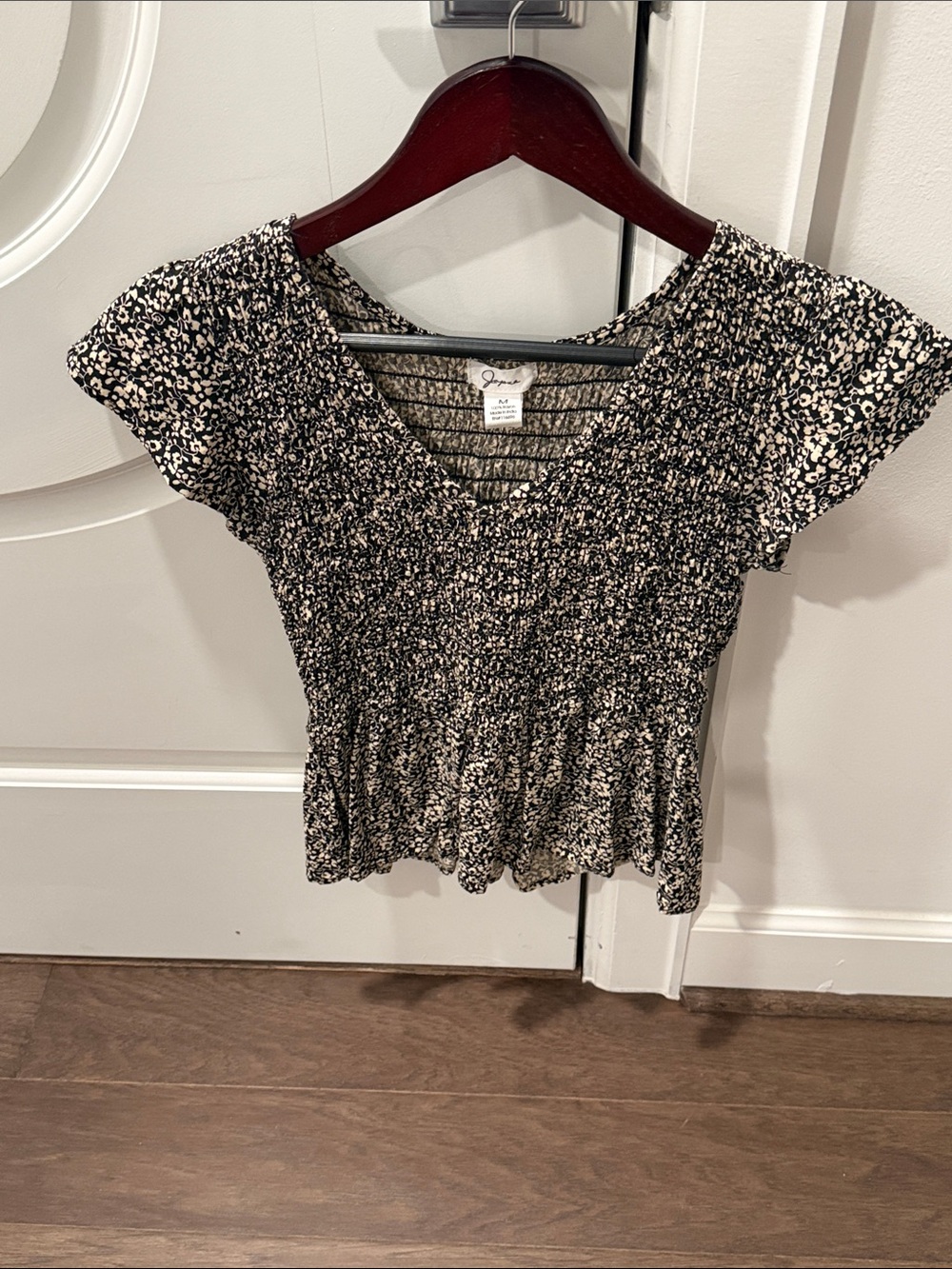 Japna Black & Cream Smocked V-Neck Flutter Sleeve Top